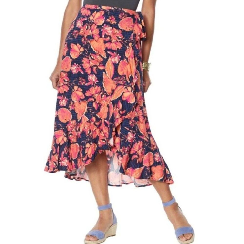 DG2 DIANE GILMAN Navy Floral Sx XL Pull On Mock Wrap Ruffled High Low Skirt NWT